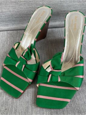 Kate Spade Bow Mule Heels Green Pink Stripe Made In Italy Size 8